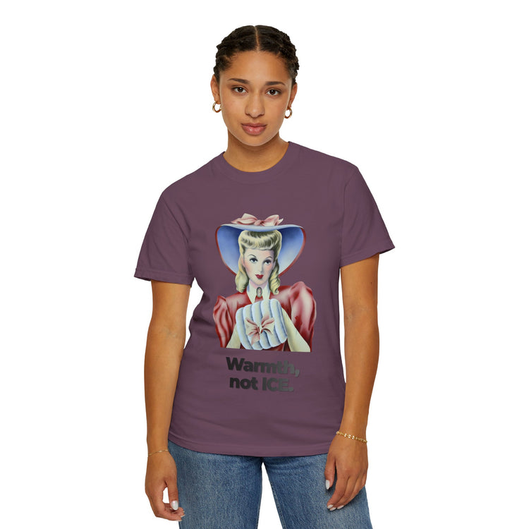 "Warmth, not ICE" Vintage Portrait Tee | Pro-Immigrant Activism | Garment-Dyed Heavyweight Crewneck