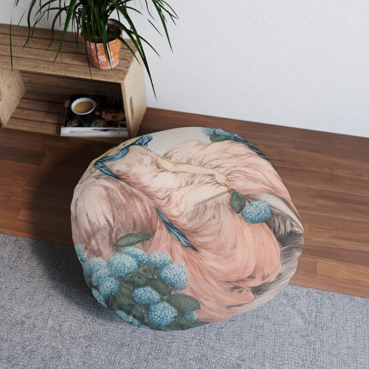 Hortense by Louis Icart | Round Tufted Floor Pillow | Art Deco Home Decor