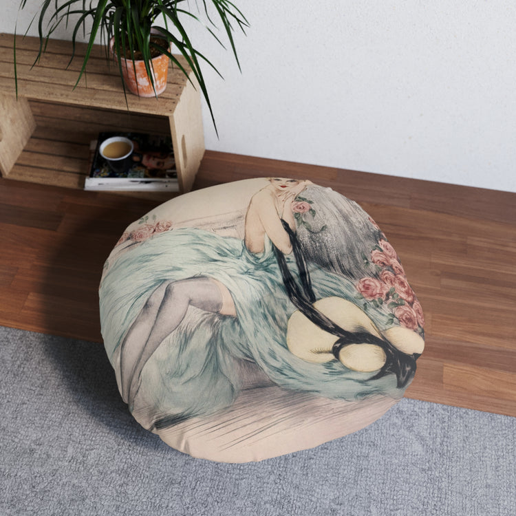 La Belle Rose by Louis Icart | Round Tufted Floor Pillow | Art Deco Home Decor