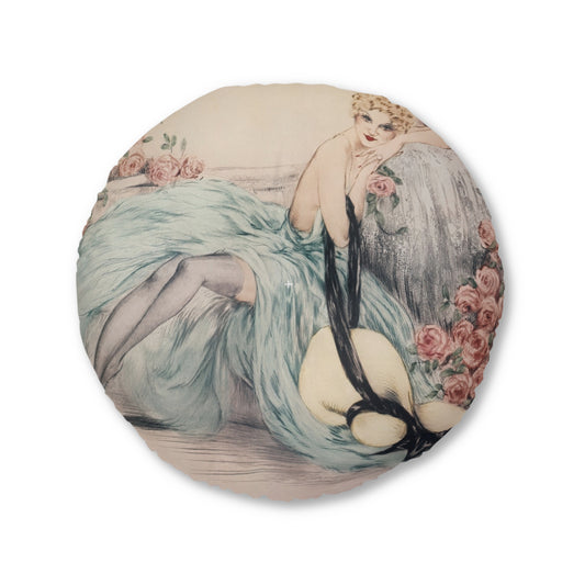 La Belle Rose by Louis Icart | Round Tufted Floor Pillow | Art Deco Home Decor
