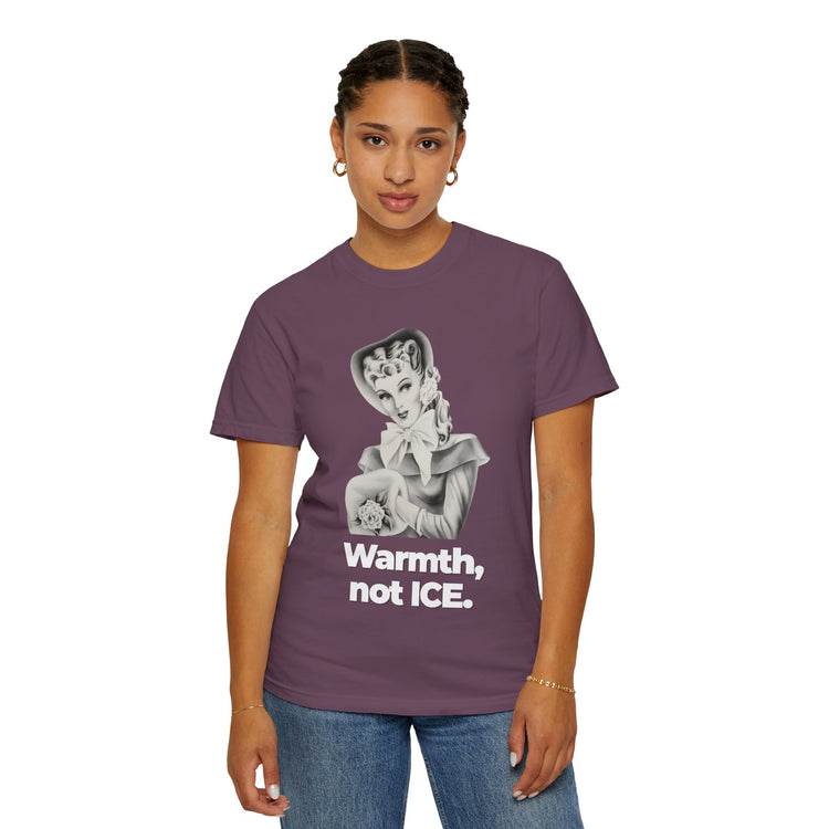 "Warmth, not ICE" Vintage Portrait Tee | Pro-Immigrant Activism | Garment-Dyed Heavyweight Crewneck