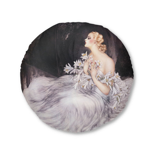 Lilies by Louis Icart | Round Tufted Floor Pillow | Art Deco Home Decor