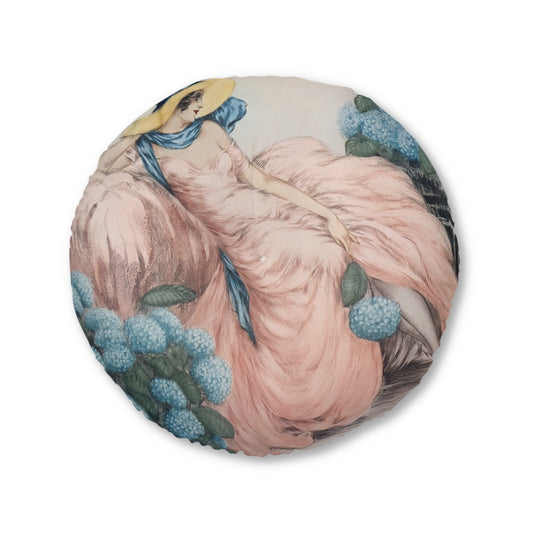 Hortense by Louis Icart | Round Tufted Floor Pillow | Art Deco Home Decor