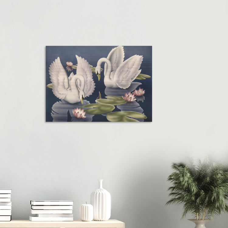 Turner Swans and Lillies Brushed Aluminum Print | Vintage Bird Lithograph Metal Art