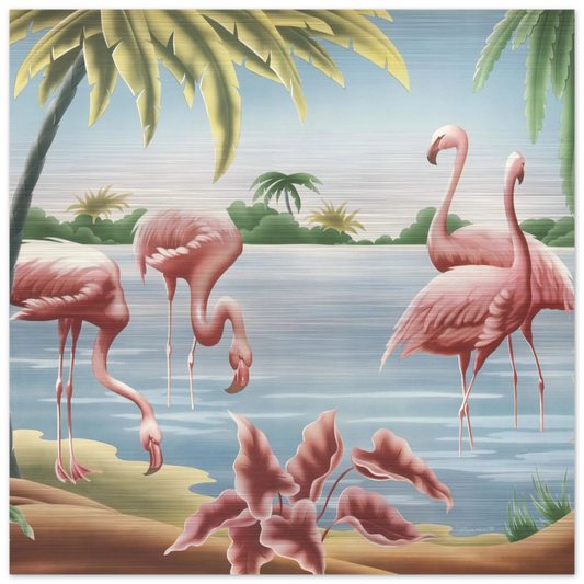 Turner Flamingo Brushed Aluminum Print | Vintage Tropical Bird Lithograph Metal Art