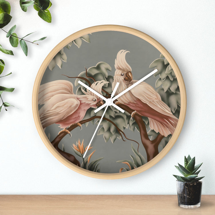 Turner White Cockatoos Wall Clock — Vintage Tropical Bird Lithograph Home Decor
