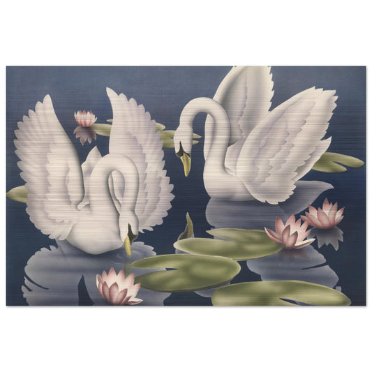 Turner Swans and Lillies Brushed Aluminum Print | Vintage Bird Lithograph Metal Art