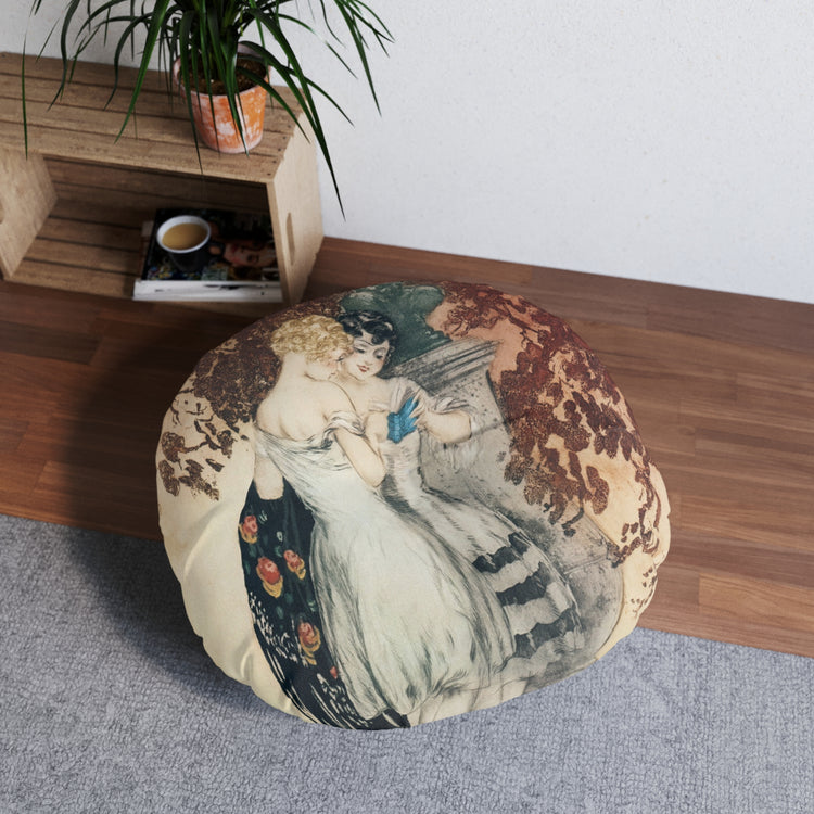 Secrets by Louis Icart | Round Tufted Floor Pillow | Art Deco Home Decor