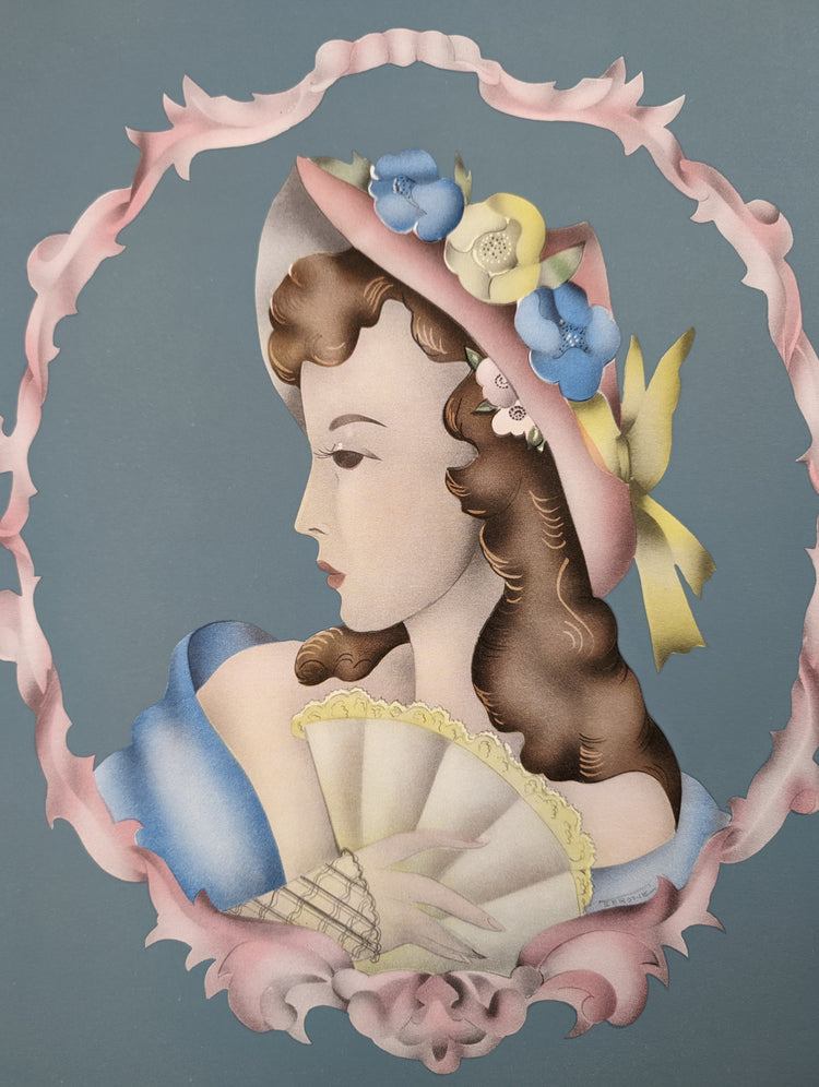 Lady Profile in Blue by Terone | 1943 Beautytone Vintage Lithograph | Classic Regency Wall Art
