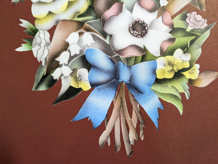Beautytone Bouquet with Border in Dubonnet by Terone | 1943 Vintage Lithograph | Romantic Cottagecore Wall Art