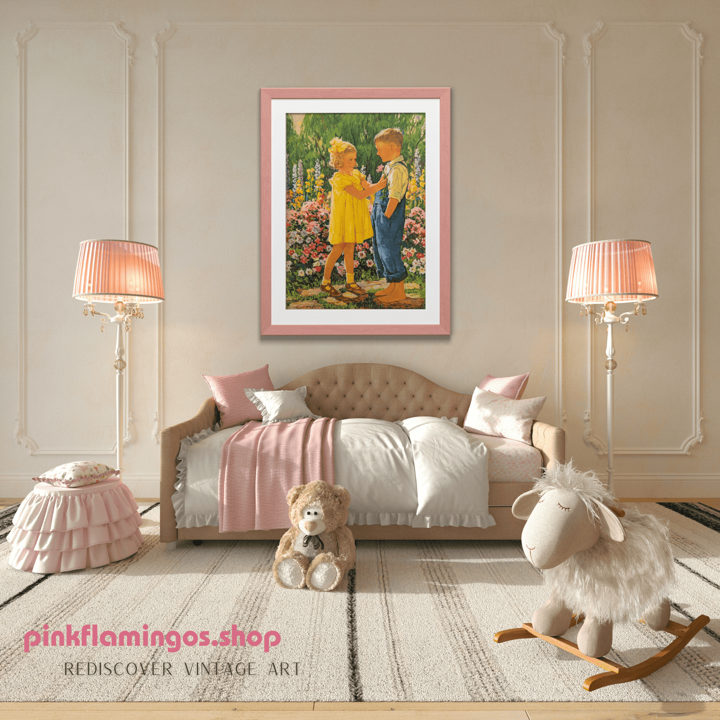 Admiration by Eugene Iverd | 1936 Vintage Lithograph | Sweet Sibling Nursery Wall Art - Offset Lithograph - Pink Flamingos