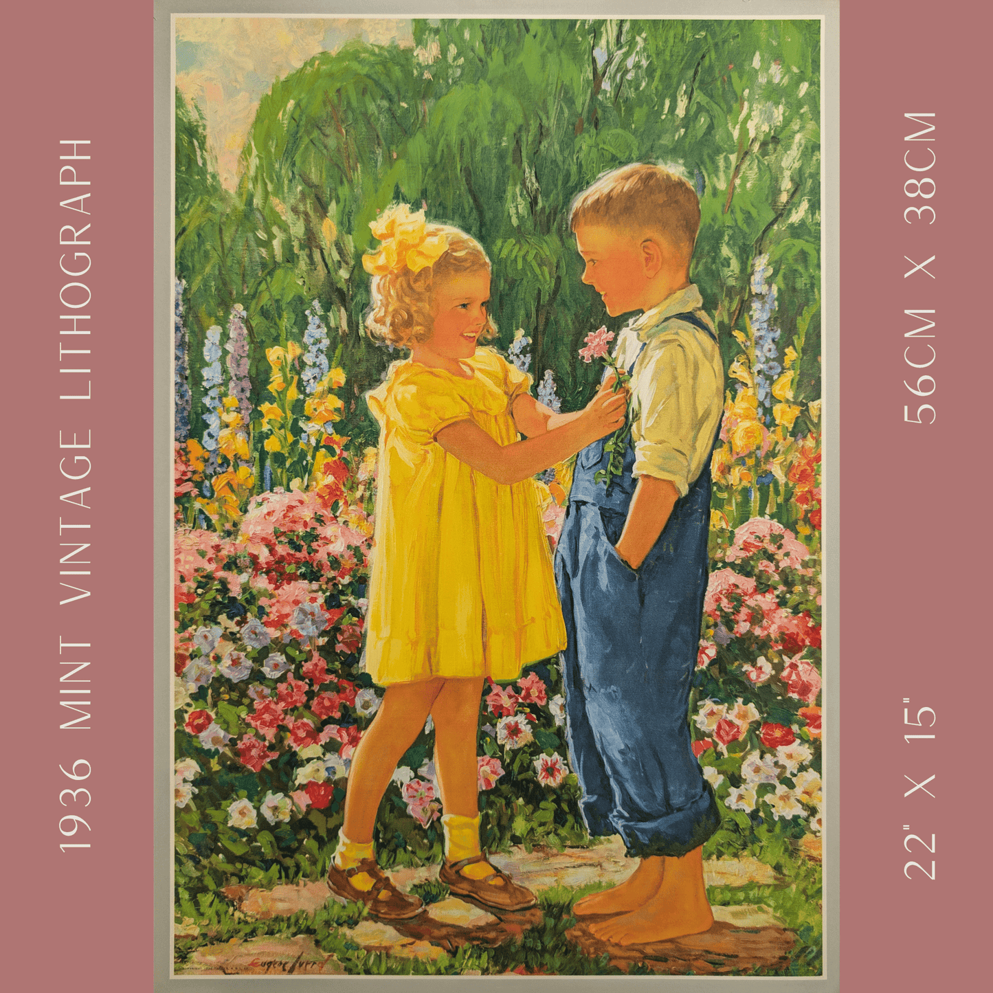 Admiration by Eugene Iverd | 1936 Vintage Lithograph | Sweet Sibling Nursery Wall Art - Offset Lithograph - Pink Flamingos