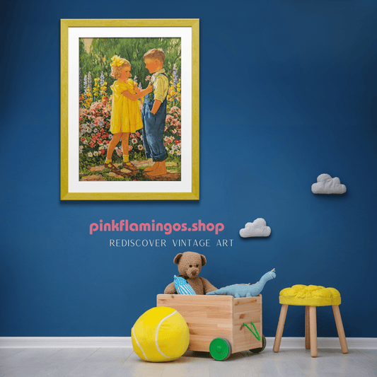 Admiration by Eugene Iverd | 1936 Vintage Lithograph | Sweet Sibling Nursery Wall Art - Offset Lithograph - Pink Flamingos