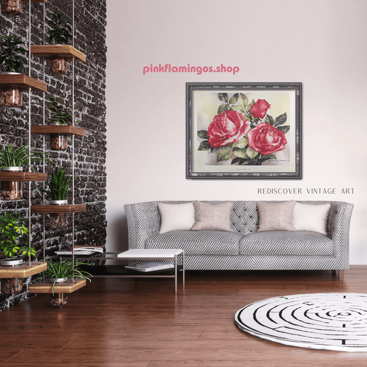American Beauty Rose by Erich F.T. Schenk | 1940s Vintage Floral Lithograph | Romantic Wall Art - Offset Lithograph - Pink Flamingos