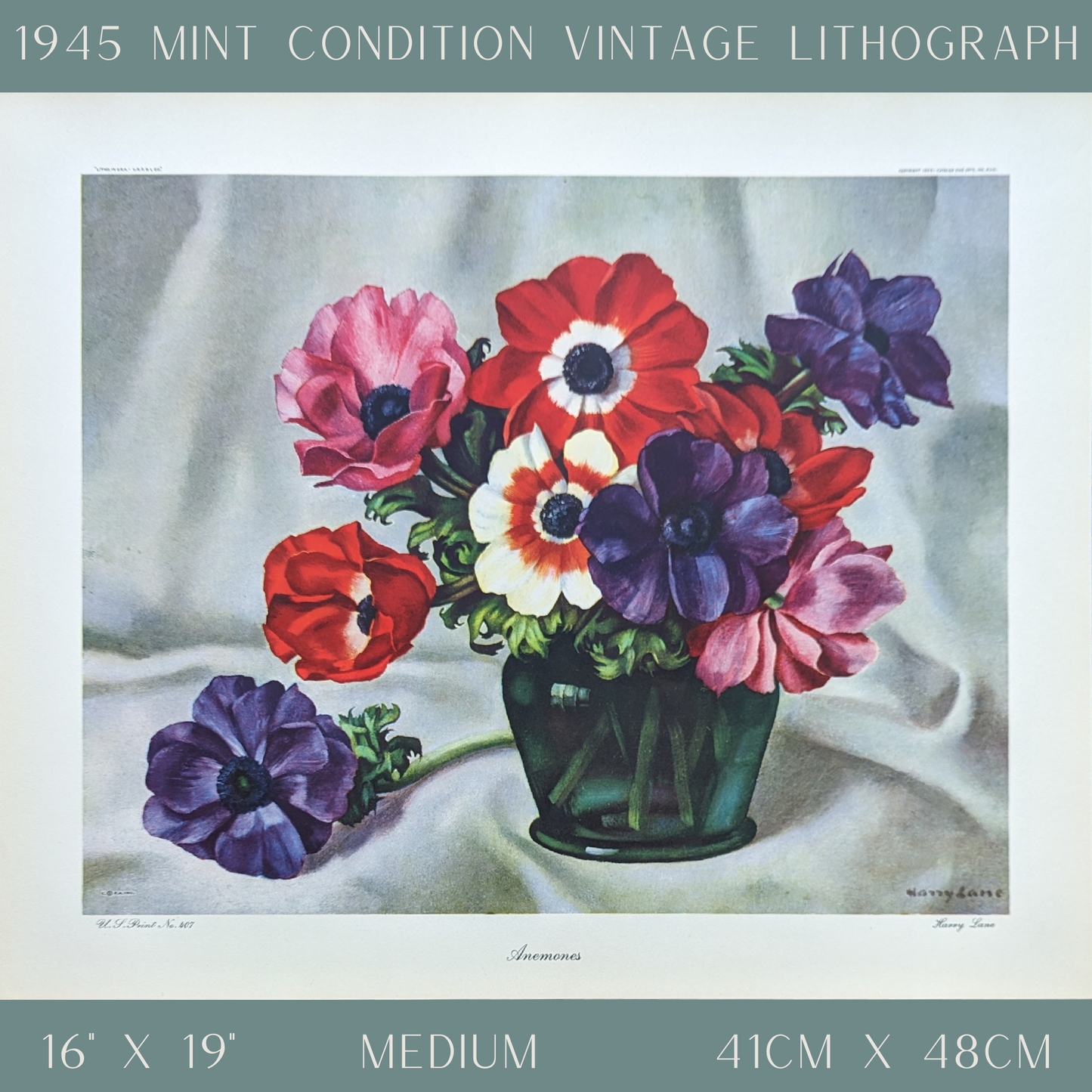 Anemones by Harry Lane | 1945 Vintage Lithograph | Still Life Floral Wall Art - Offset Lithograph - Pink Flamingos