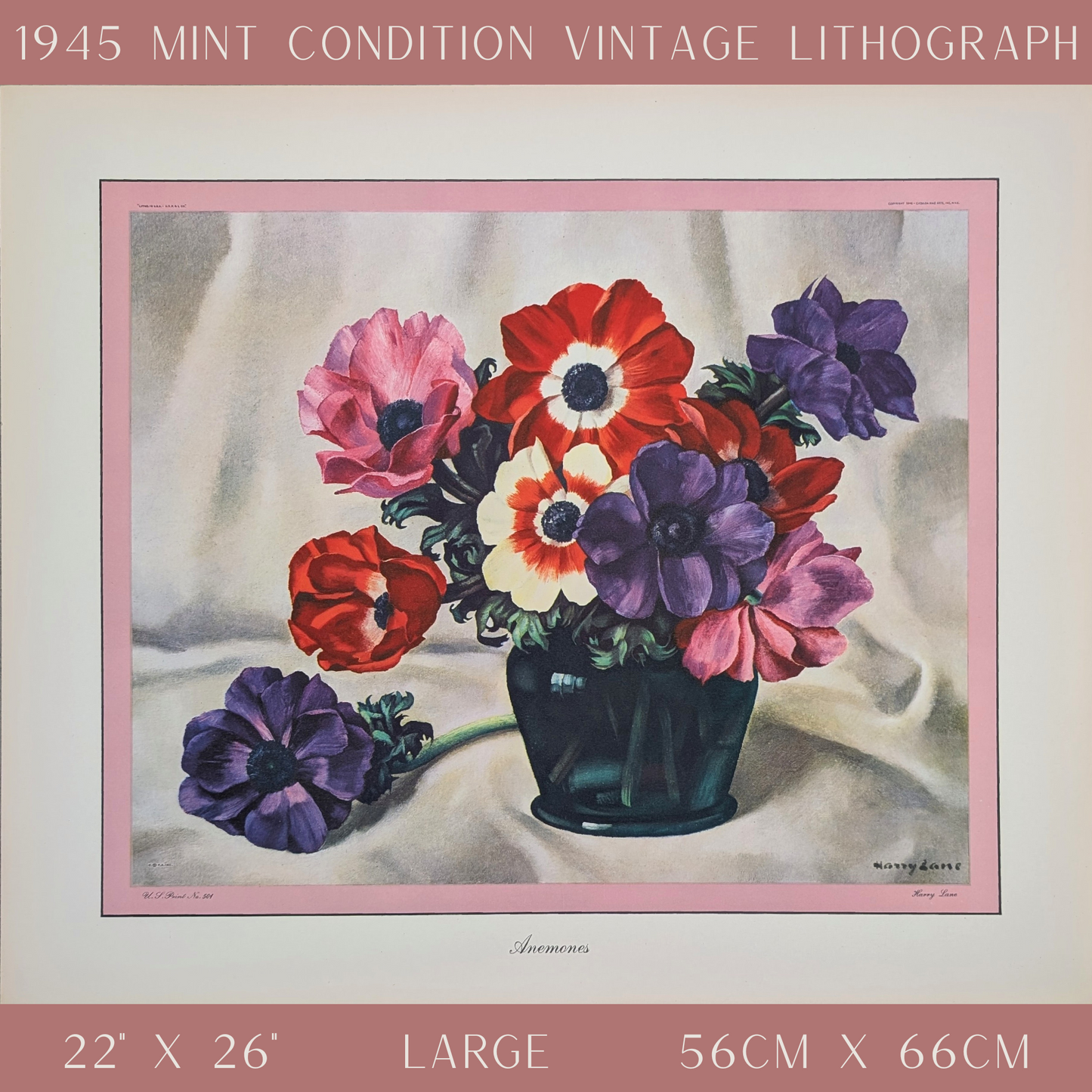 Anemones by Harry Lane | 1945 Vintage Lithograph | Still Life Floral Wall Art - Offset Lithograph - Pink Flamingos