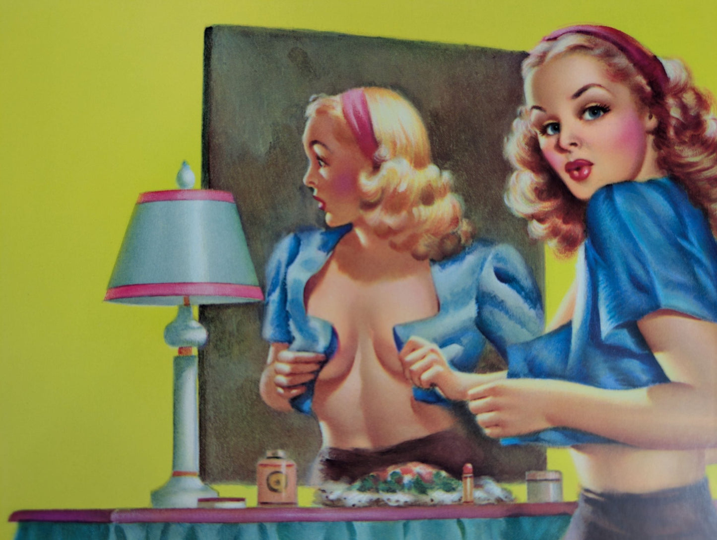 At the Mirror by D’Ancona | 1940s–50s Style Pinup | 1980s Glossy Lithograph - Lithograph - Pink Flamingos