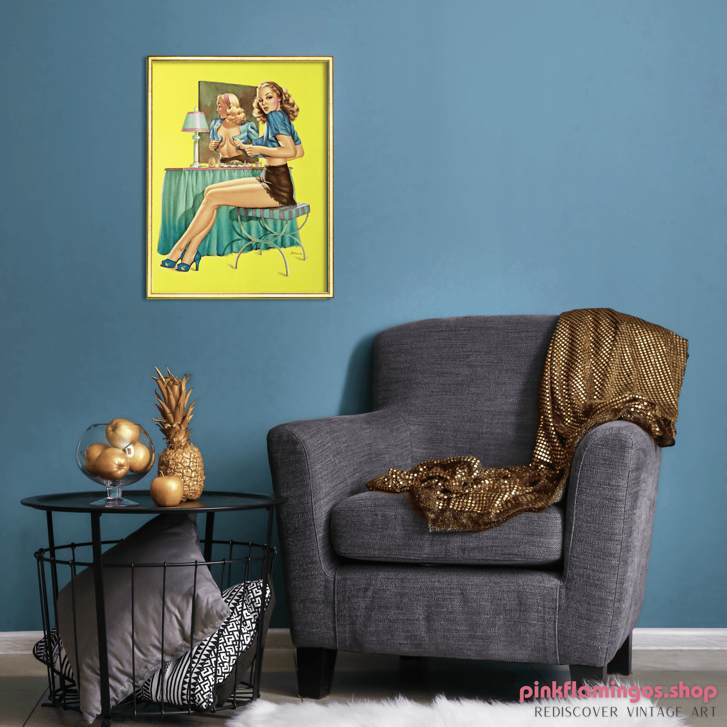 At the Mirror by D’Ancona | 1940s–50s Style Pinup | 1980s Glossy Lithograph - Lithograph - Pink Flamingos