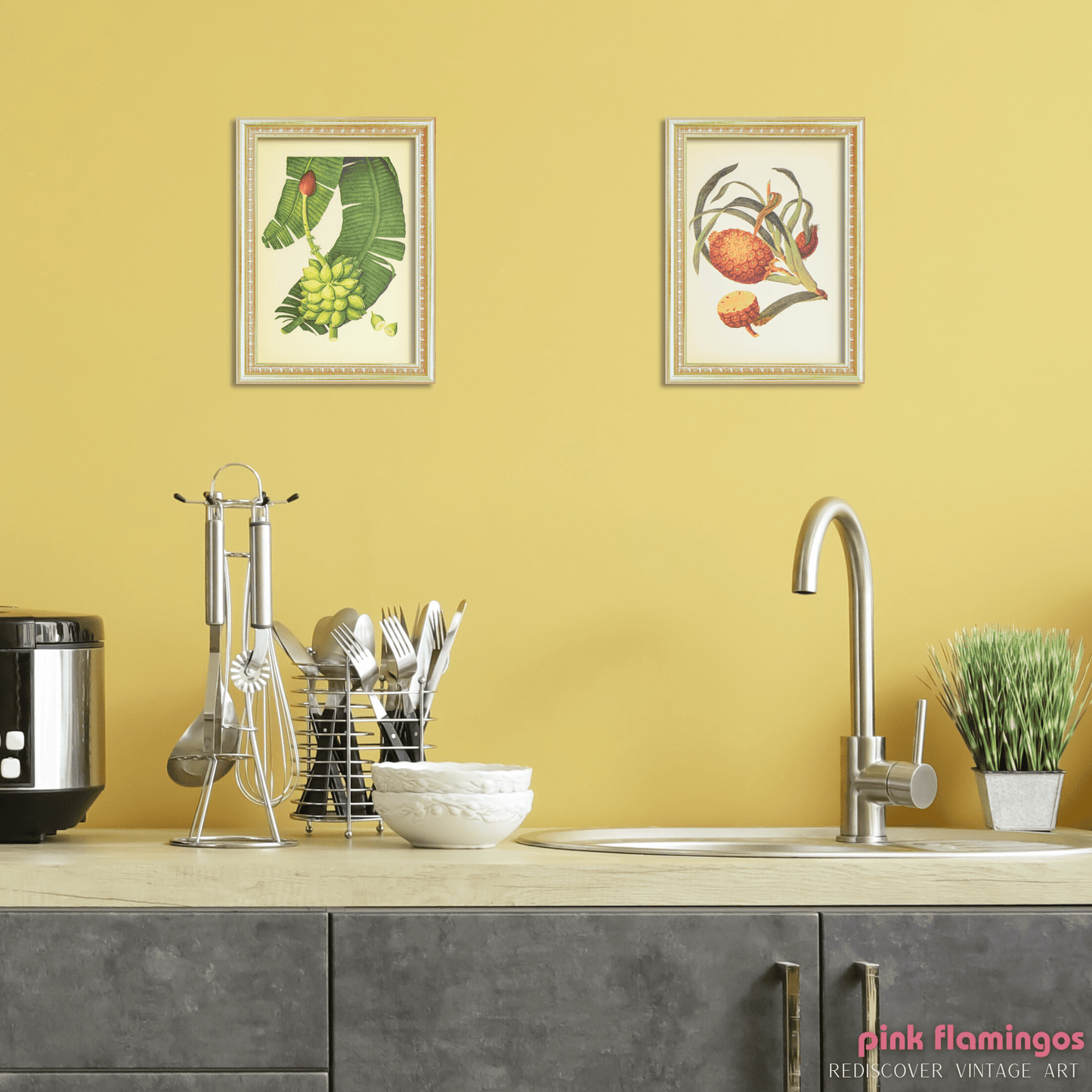 Banana (Plantain) | Unique Vintage Collotype Wall Art c.1950 | Chinese Still Life Print - Collotype - Pink Flamingos