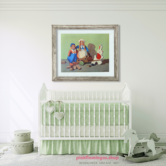 Bunny Taxi Service by Reneé Barnes | 1930s Vintage Lithograph | Whimsical Nursery Wall Art