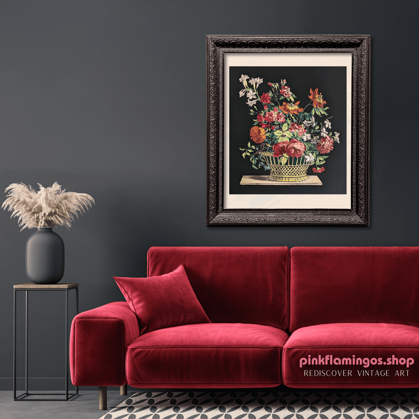 Basket of Flowers No. 1 | Jean - Baptiste Monnoyer Floral Chromolithograph | 1948 Vintage Print by Catalda Fine Arts - Chromolithograph - Pink Flamingos