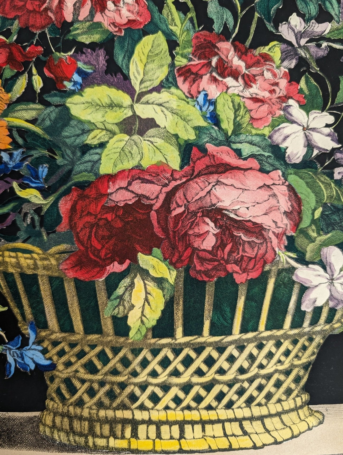 Basket of Flowers No. 1 | Jean - Baptiste Monnoyer Floral Chromolithograph | 1948 Vintage Print by Catalda Fine Arts - Chromolithograph - Pink Flamingos