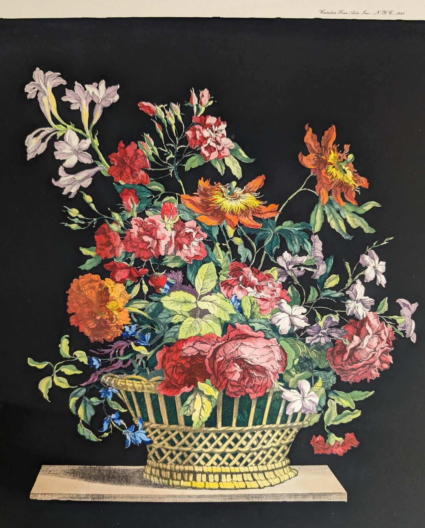 Basket of Flowers No. 1 | Jean - Baptiste Monnoyer Floral Chromolithograph | 1948 Vintage Print by Catalda Fine Arts - Chromolithograph - Pink Flamingos