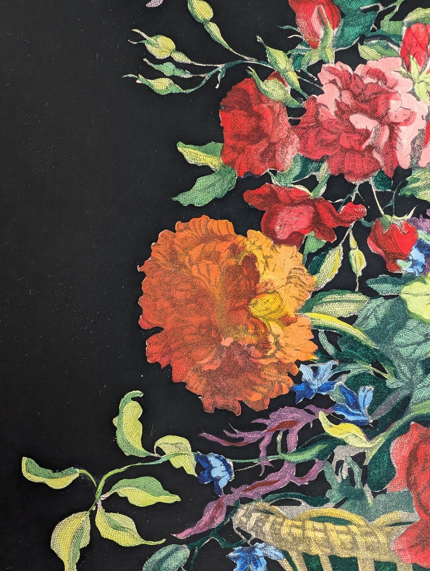 Basket of Flowers No. 1 | Jean - Baptiste Monnoyer Floral Chromolithograph | 1948 Vintage Print by Catalda Fine Arts - Chromolithograph - Pink Flamingos