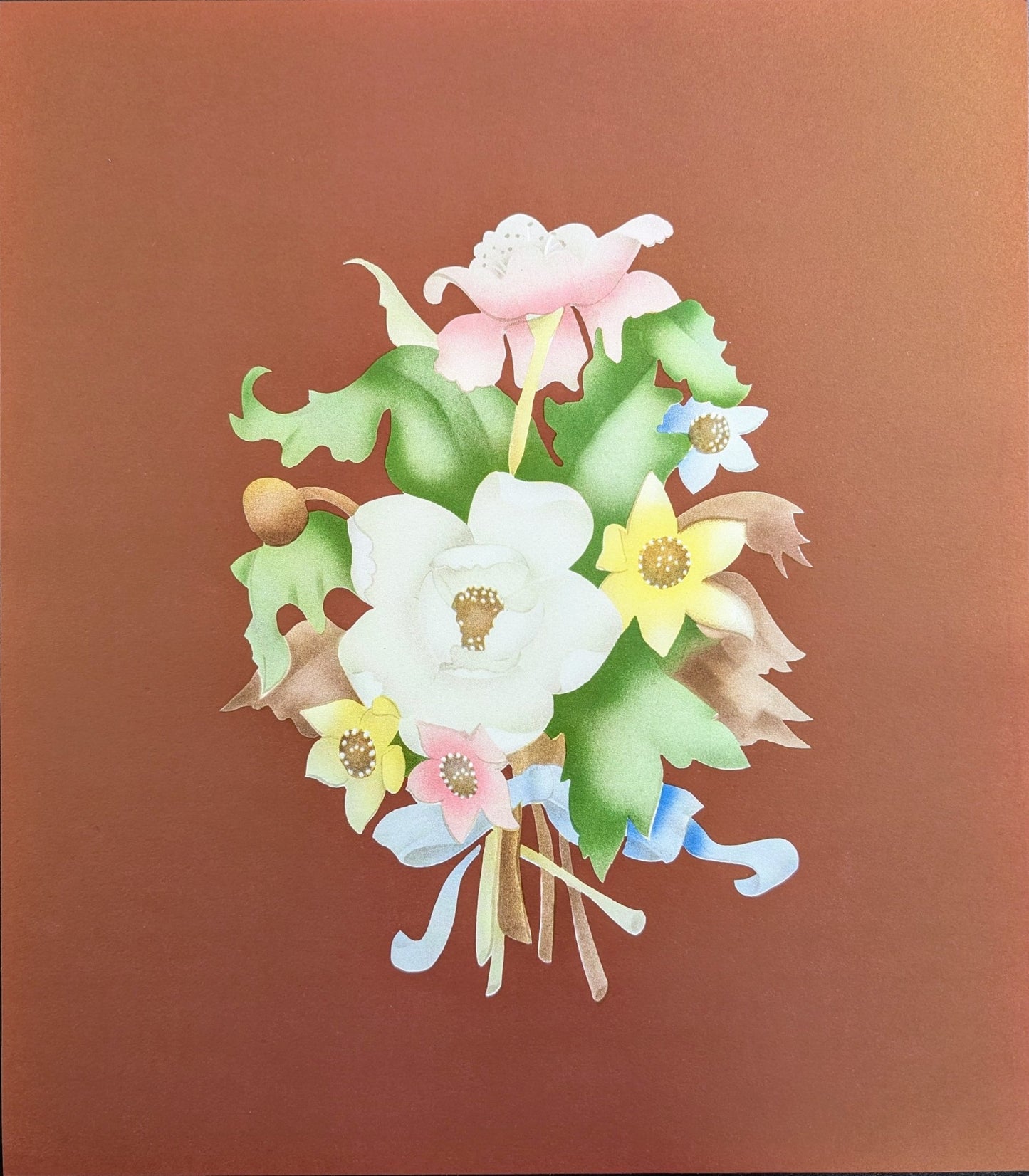 Beautytone Bouquet in Dubonnet by Terone, 1943 mint condition lithograph by Borin Art - Pink Flamingos