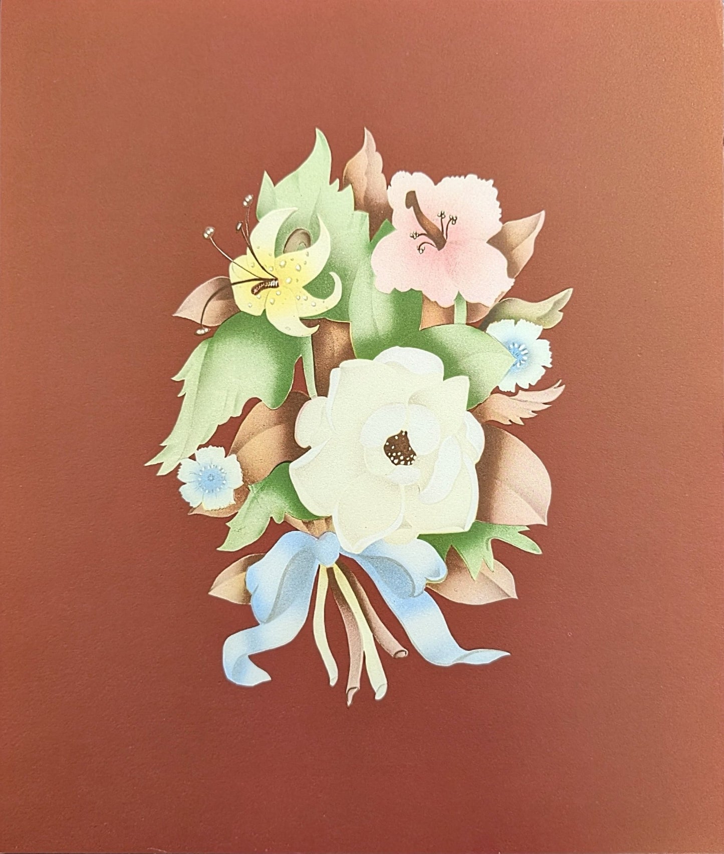 Beautytone Bouquet in Dubonnet by Terone, 1943 mint condition lithograph by Borin Art - Pink Flamingos