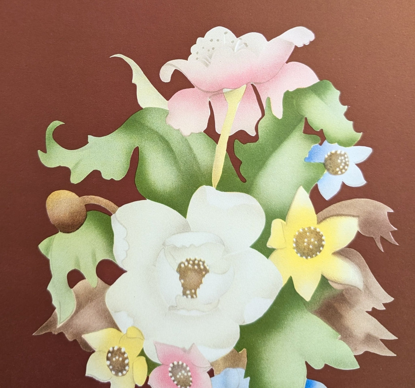 Beautytone Bouquet in Dubonnet by Terone, 1943 mint condition lithograph by Borin Art - Pink Flamingos