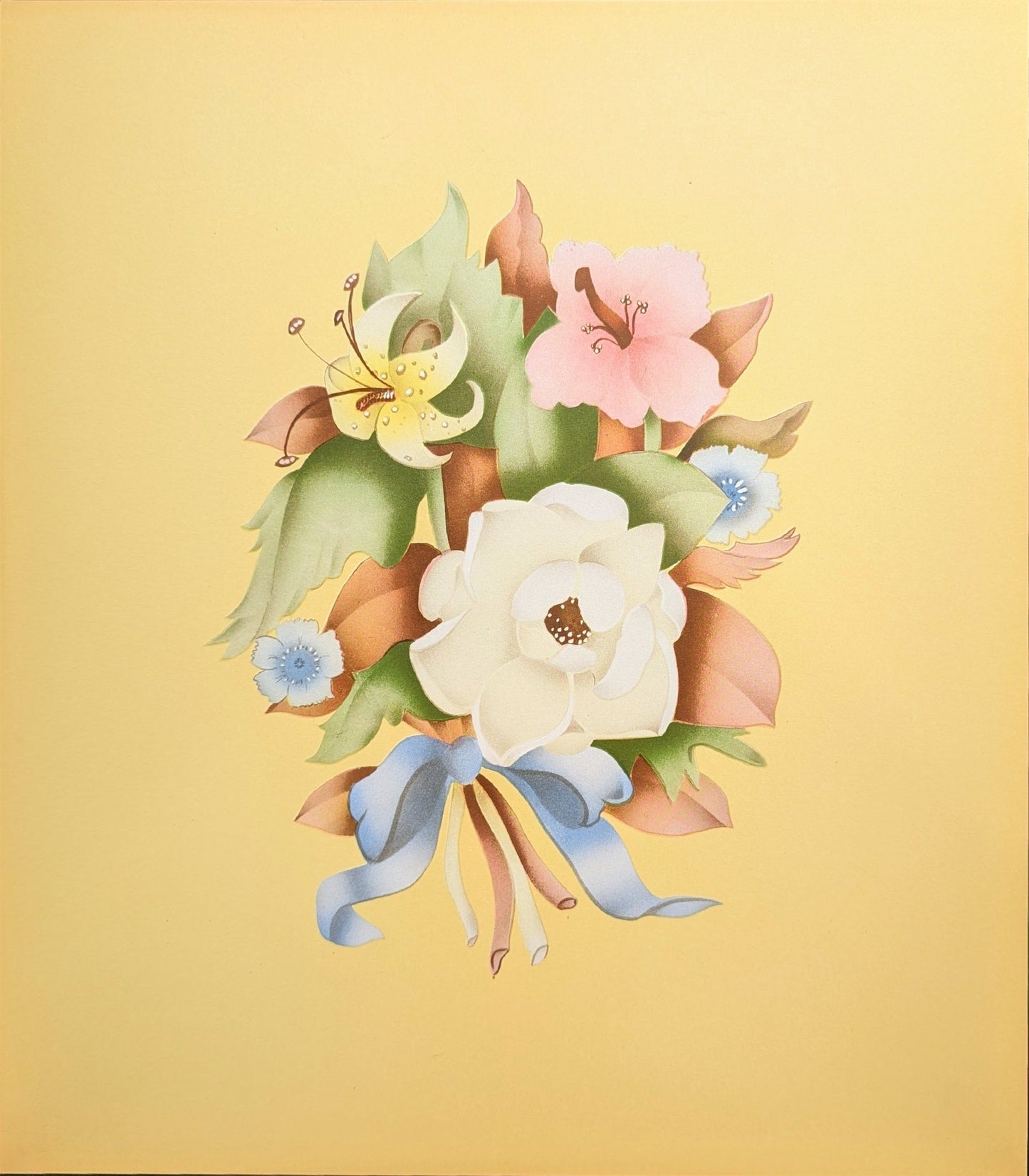 Beautytone Bouquet in Yellow by Terone, 1943 mint condition vintage lithograph by Borin Art - Pink Flamingos