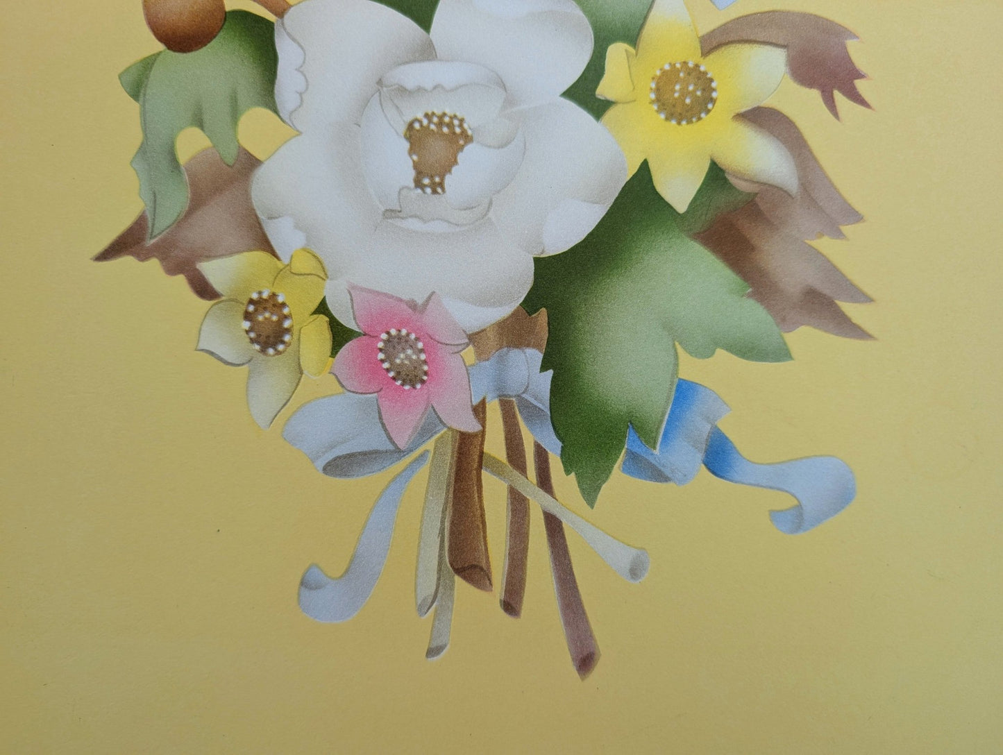Beautytone Bouquet in Yellow by Terone, 1943 mint condition vintage lithograph by Borin Art - Pink Flamingos