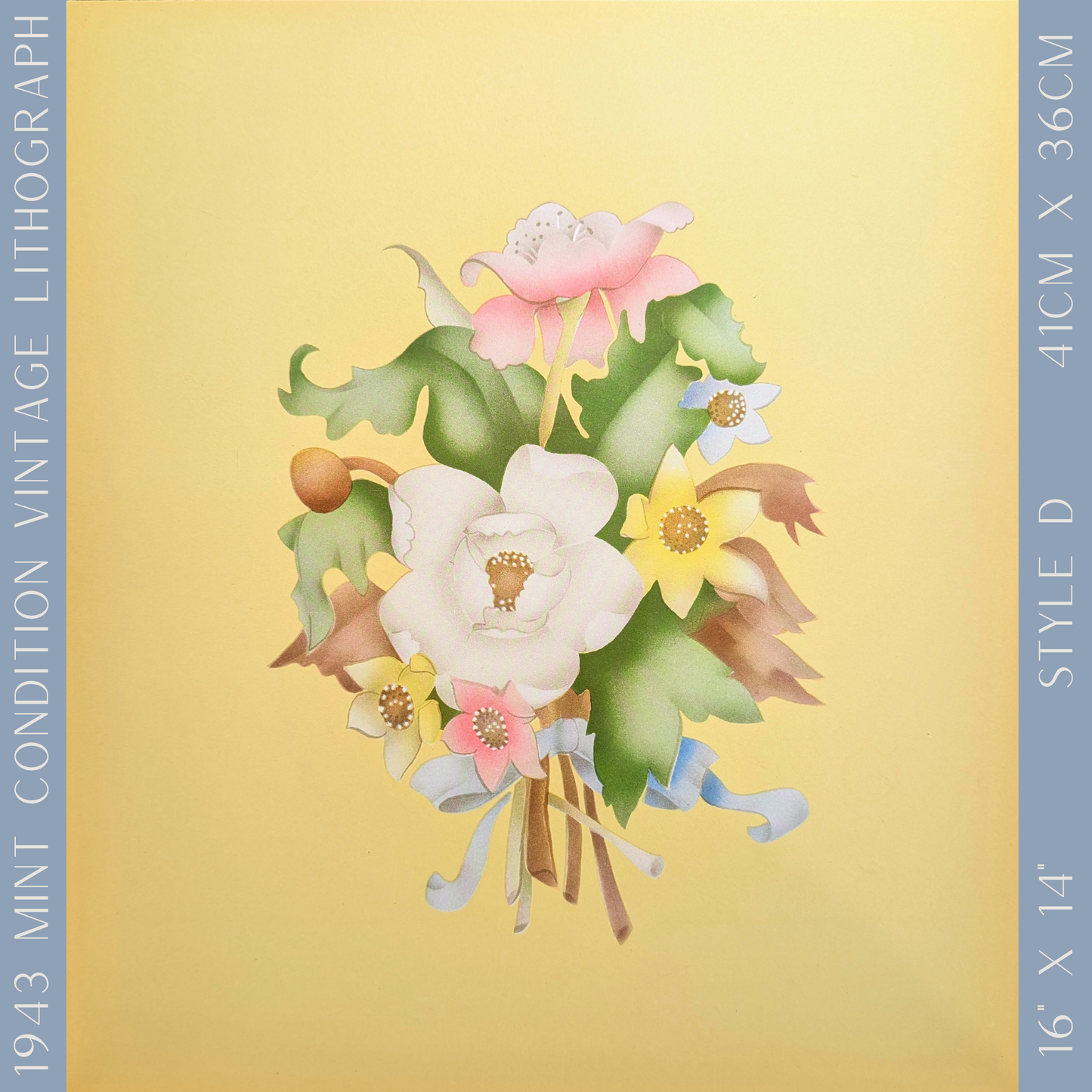 Beautytone Bouquet in Yellow by Terone, 1943 mint condition vintage lithograph by Borin Art - Pink Flamingos