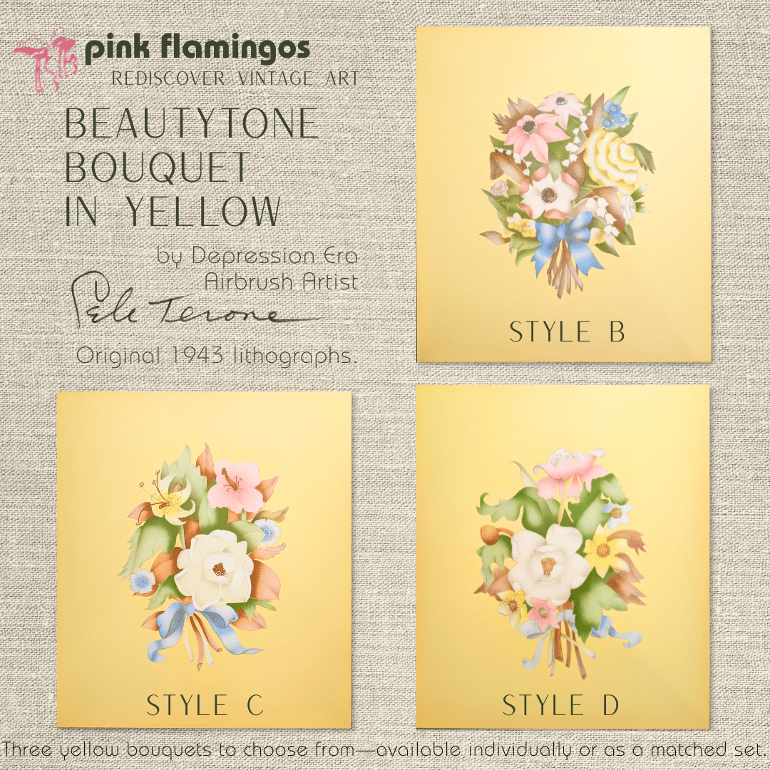 Beautytone Bouquet in Yellow by Terone, 1943 mint condition vintage lithograph by Borin Art - Pink Flamingos