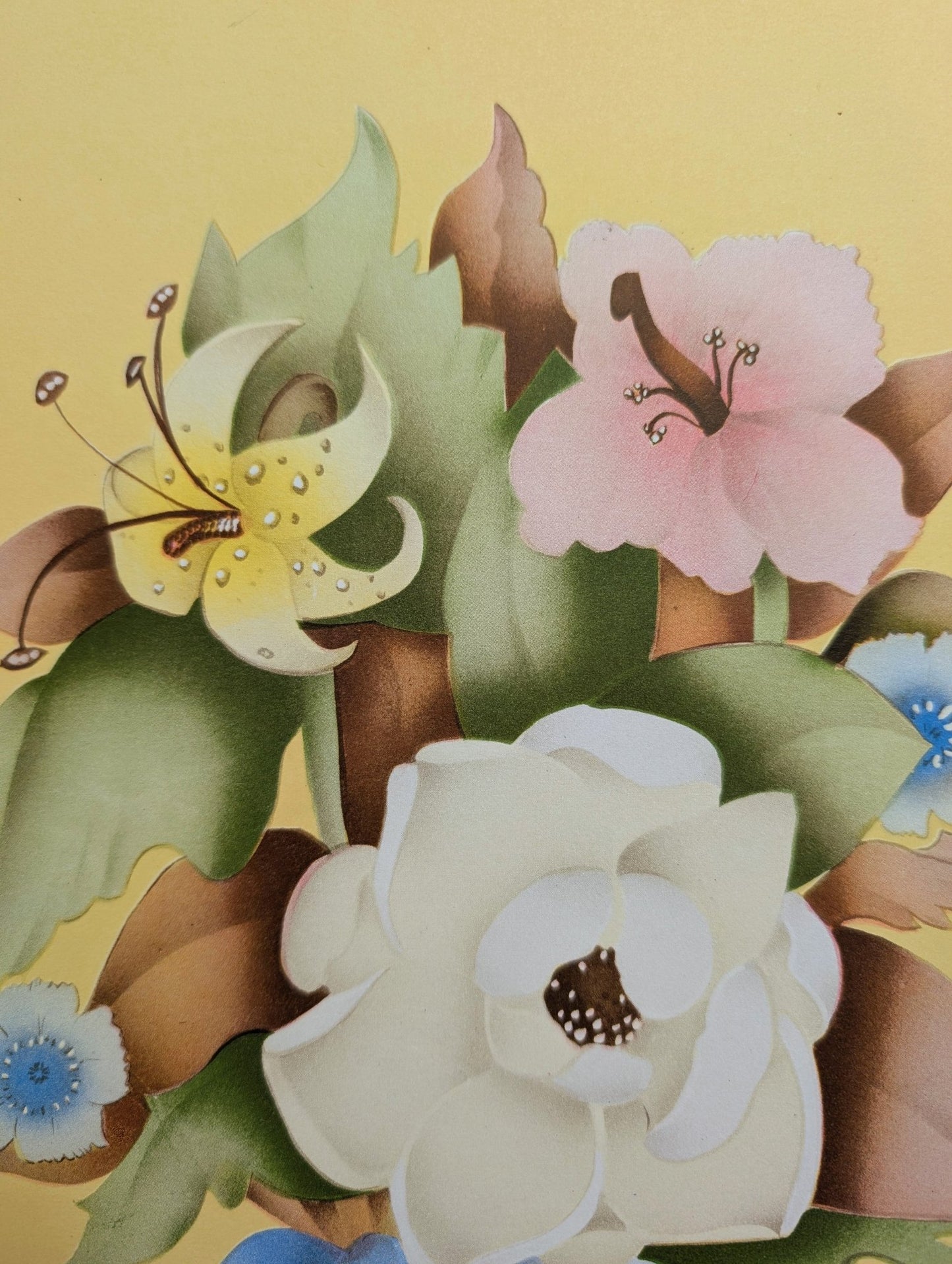 Beautytone Bouquet in Yellow by Terone, 1943 mint condition vintage lithograph by Borin Art - Pink Flamingos