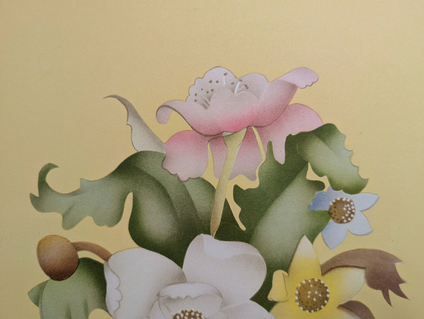 Beautytone Bouquet in Yellow by Terone, 1943 mint condition vintage lithograph by Borin Art - Pink Flamingos