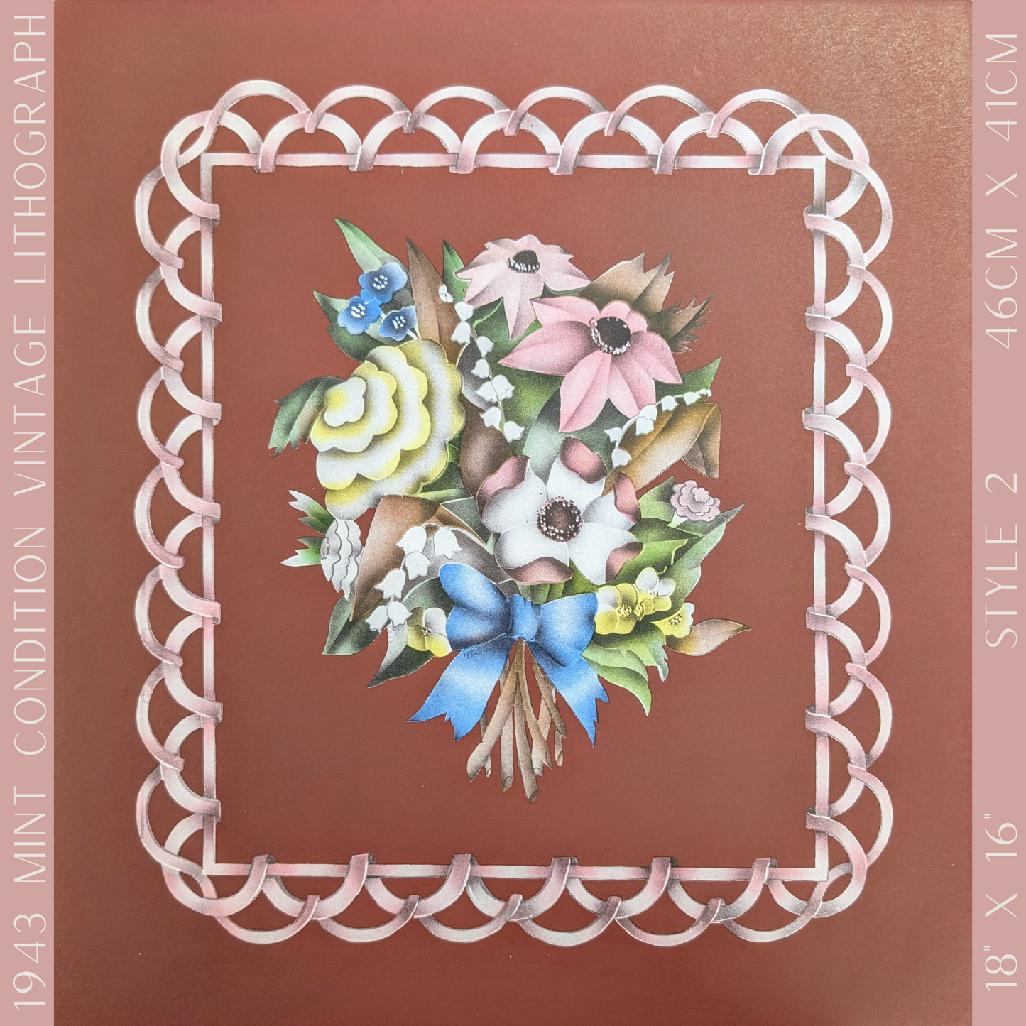 Beautytone Bouquet with Border in Dubonnet by Terone, 1943 mint condition vintage lithograph from Borin Art - Pink Flamingos