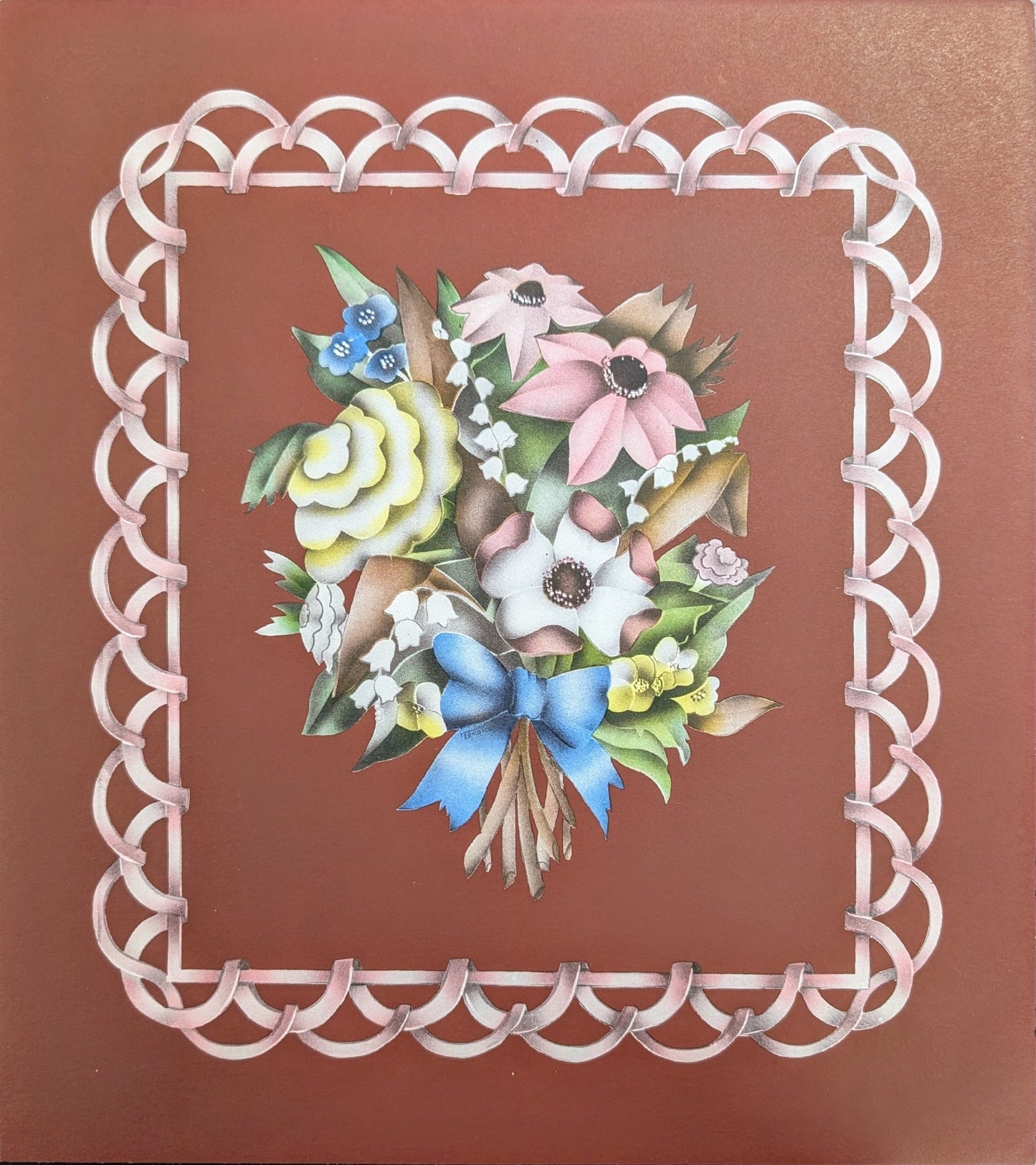 Beautytone Bouquet with Border in Dubonnet by Terone, 1943 mint condition vintage lithograph from Borin Art - Pink Flamingos