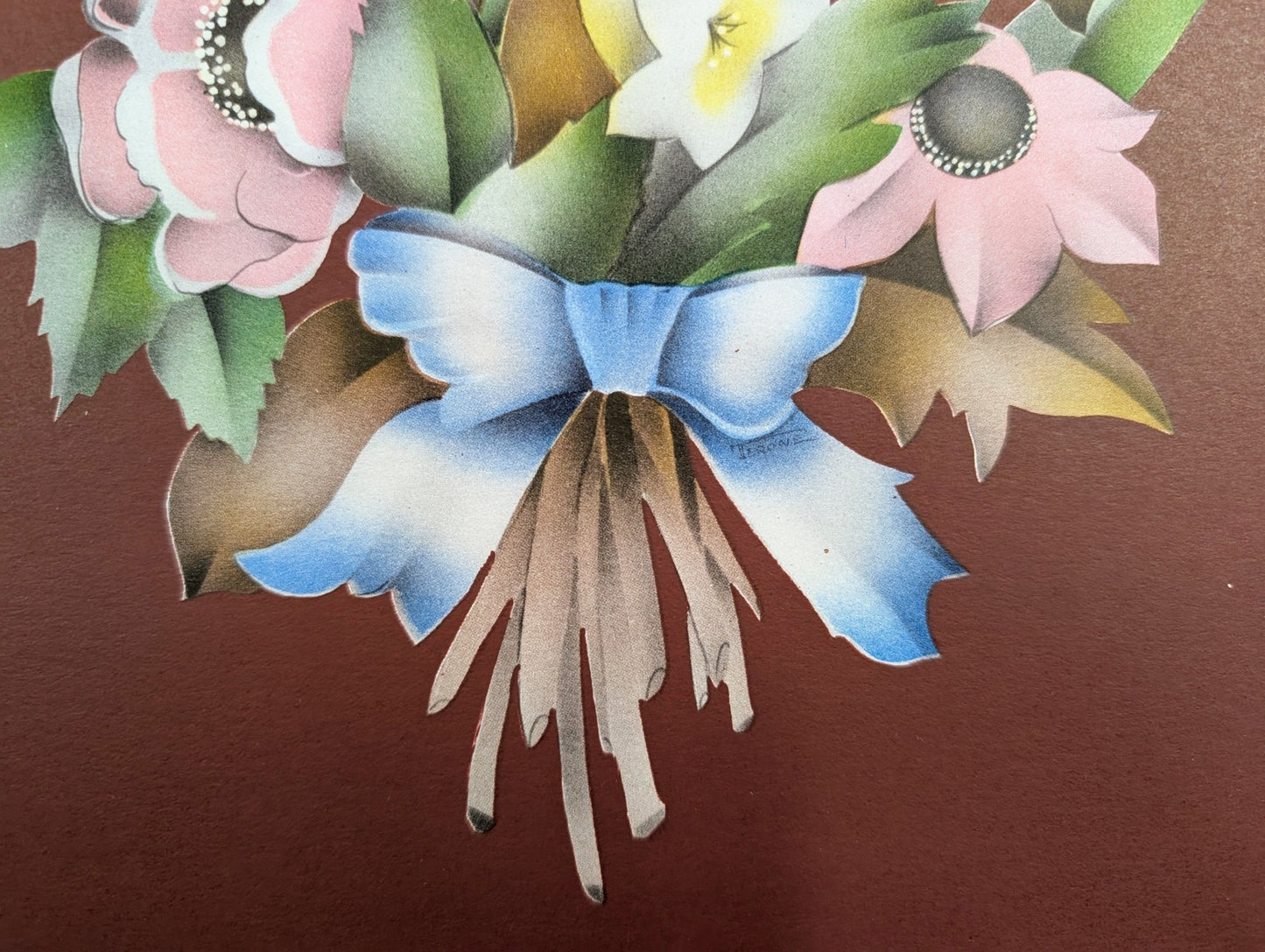 Beautytone Bouquet with Border in Dubonnet by Terone, 1943 mint condition vintage lithograph from Borin Art - Pink Flamingos