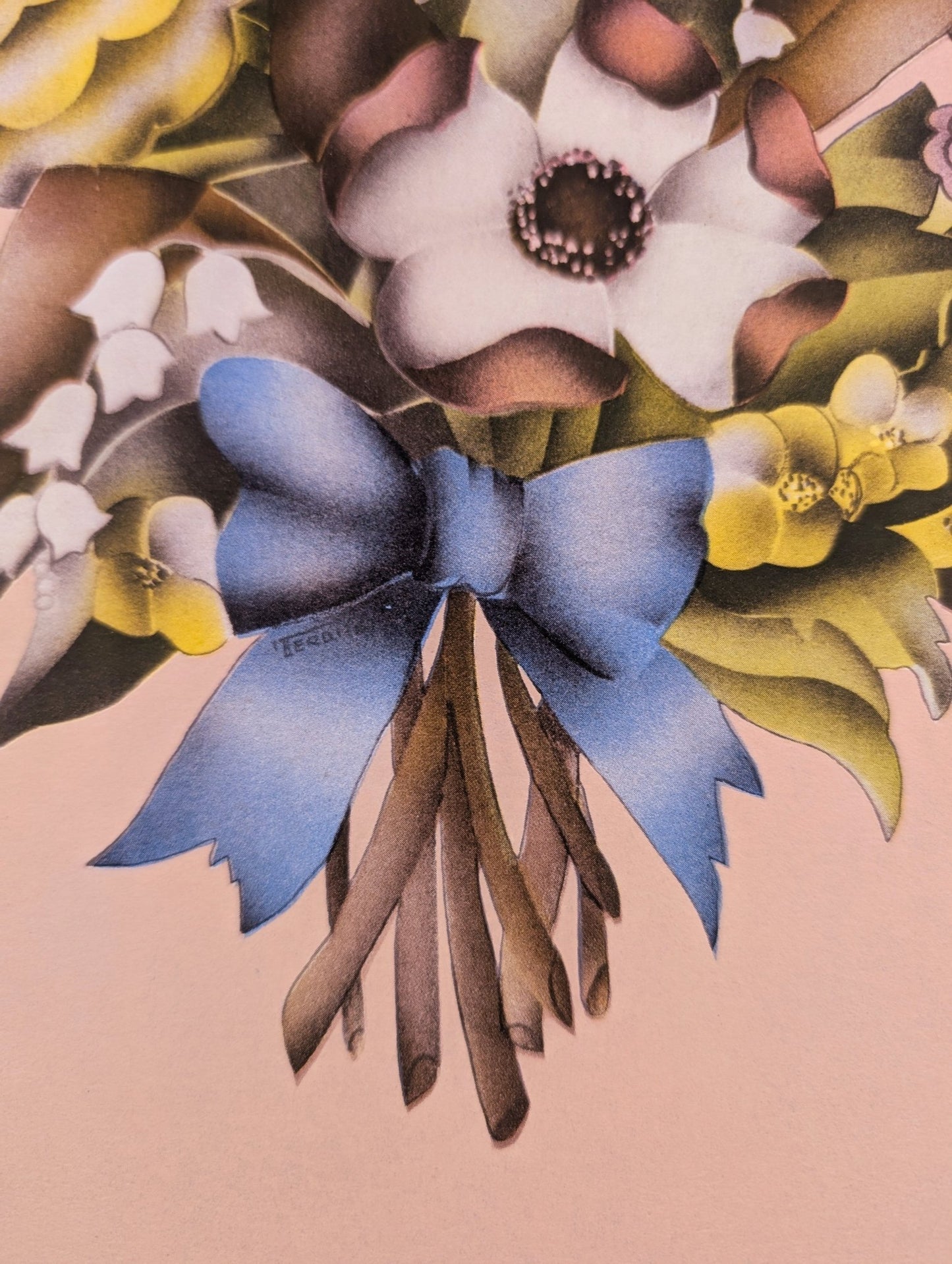 Beautytone Bouquet with Border in Peach by Terone, 1943 mint condition vintage lithograph from Borin Art - Offset Lithograph - Pink Flamingos