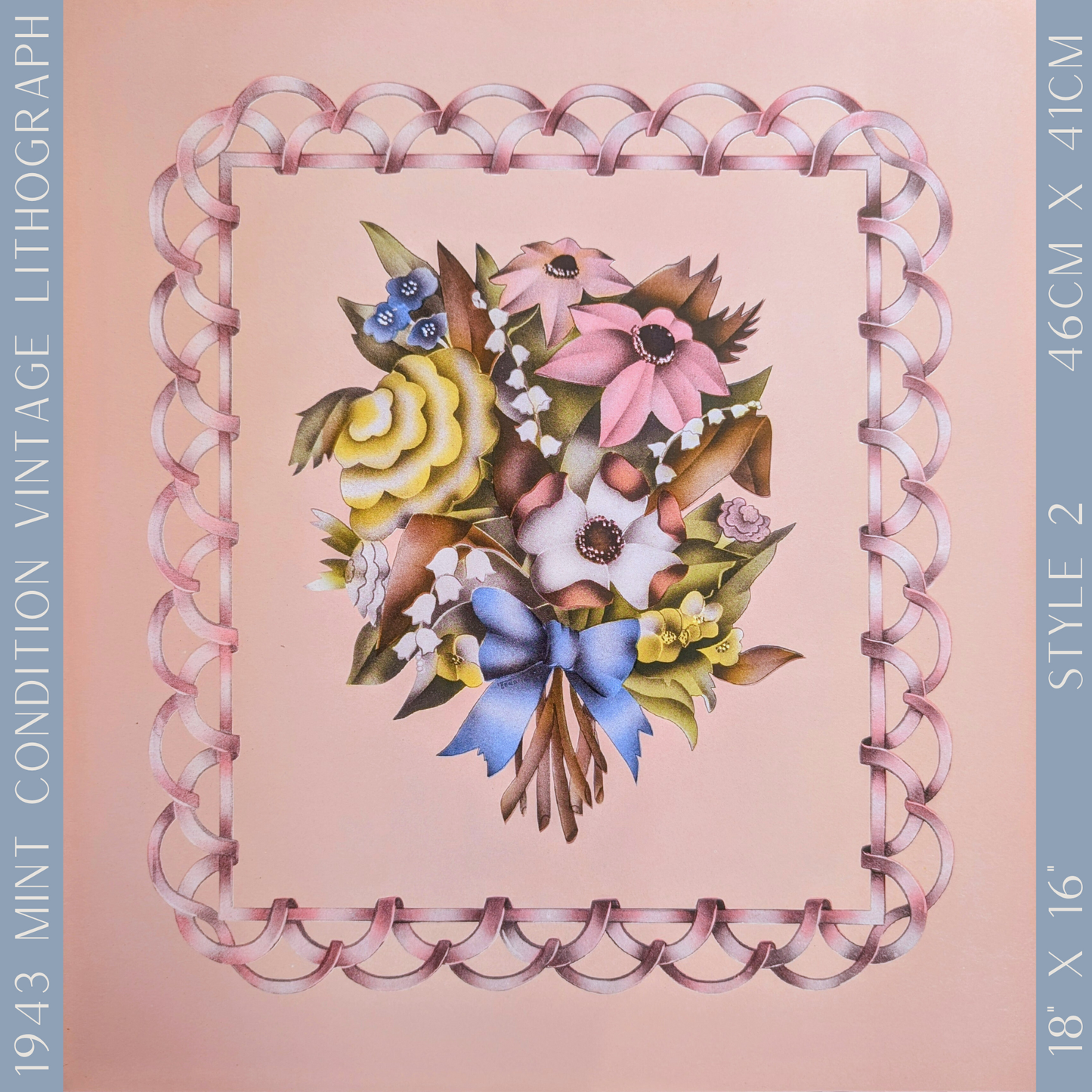 Beautytone Bouquet with Border in Peach by Terone, 1943 mint condition vintage lithograph from Borin Art - Offset Lithograph - Pink Flamingos