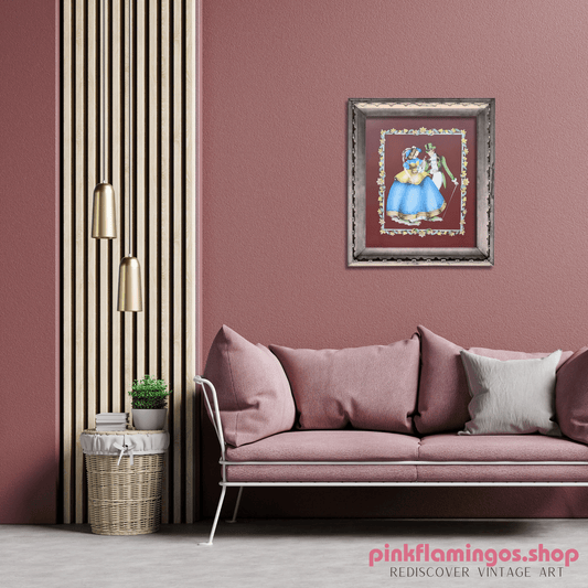 Beautytone Couples Curtseying in Dubonnet by Terone | 1943 Vintage Lithograph | Regency Wall Art - Offset Lithograph - Pink Flamingos