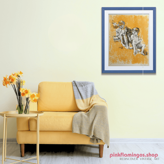 Boy Giving Flower by Frank Palmieri | 1970s Signed Lithograph | Sentimental Childhood Wall Art - Stone Lithograph - Pink Flamingos