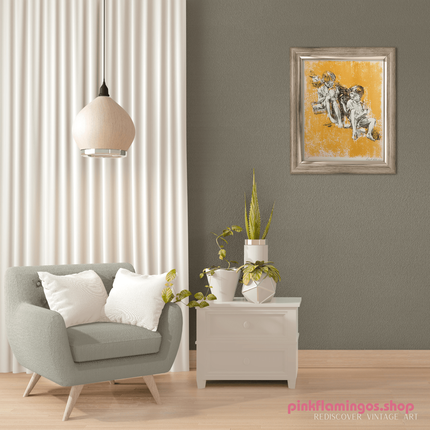 Boy Giving Flower by Frank Palmieri | 1970s Signed Lithograph | Sentimental Childhood Wall Art - Stone Lithograph - Pink Flamingos