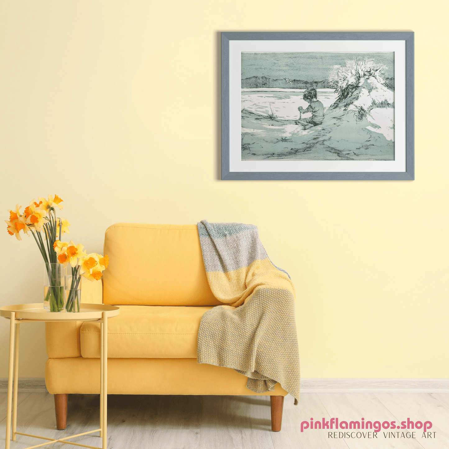 Boy on the Beach by Frank Palmieri | 1970s Signed Lithograph | Coastal Childhood Wall Art - Stone Lithograph - Pink Flamingos