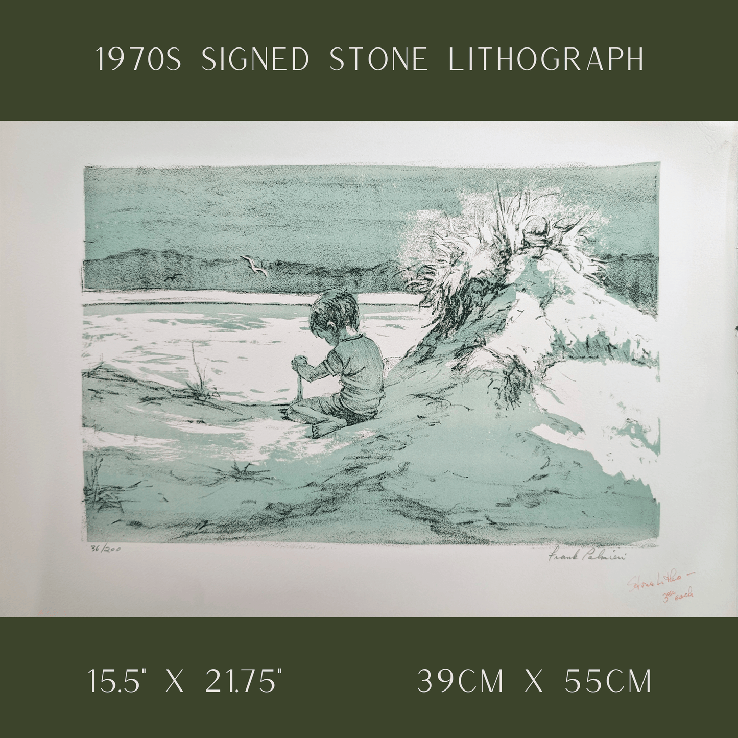 Boy on the Beach by Frank Palmieri | 1970s Signed Lithograph | Coastal Childhood Wall Art - Stone Lithograph - Pink Flamingos