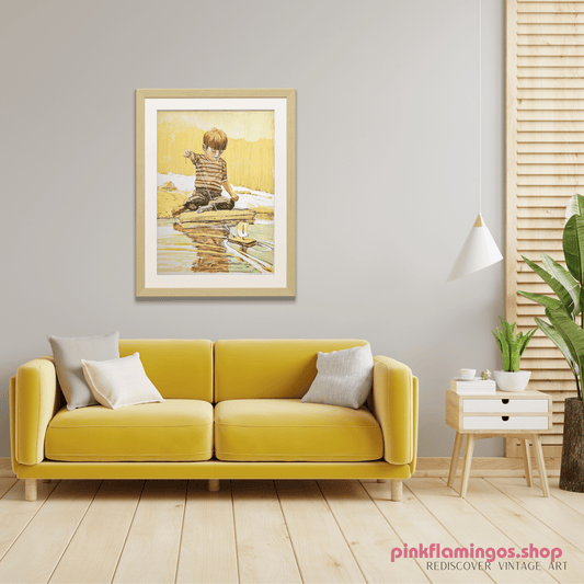 Boy with Sailboat by Frank Palmieri | 1970s Signed Lithograph | Vintage Nautical Wall Art - Stone Lithograph - Pink Flamingos