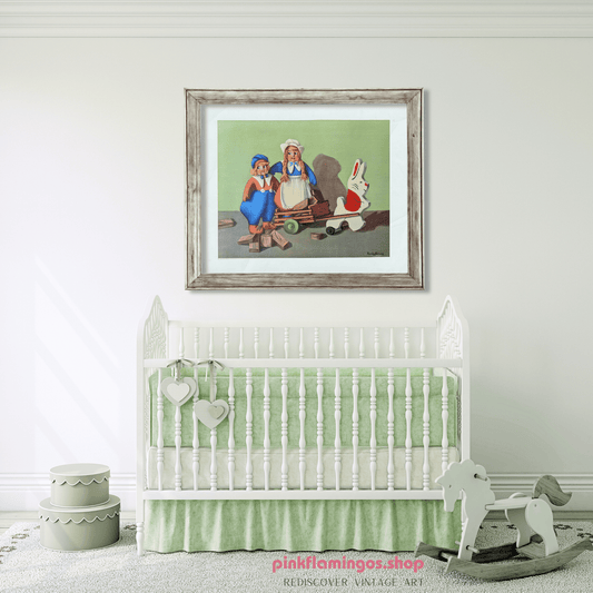 Bunny Taxi Service by Reneé Barnes | 1930s Vintage Lithograph | Whimsical Nursery Wall Art - Offset Lithograph - Pink Flamingos