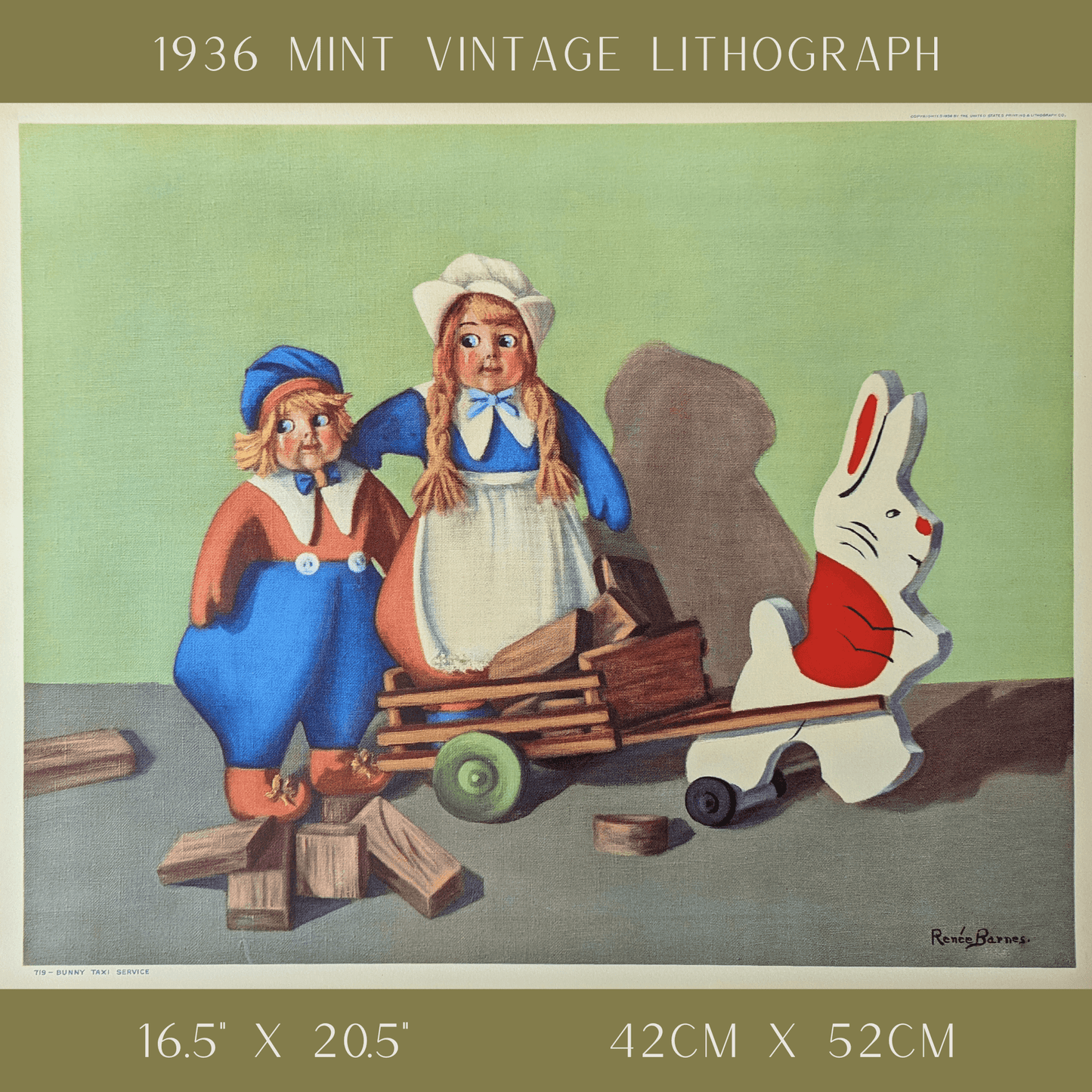 Bunny Taxi Service by Reneé Barnes | 1930s Vintage Lithograph | Whimsical Nursery Wall Art - Offset Lithograph - Pink Flamingos